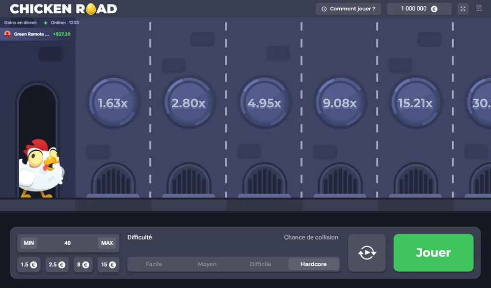 Chicken Road et l'ANJ : démo officielle d'InOut Games en niveau Hardcore, multiplicateurs 1,63x, 2,80x, 4,95x