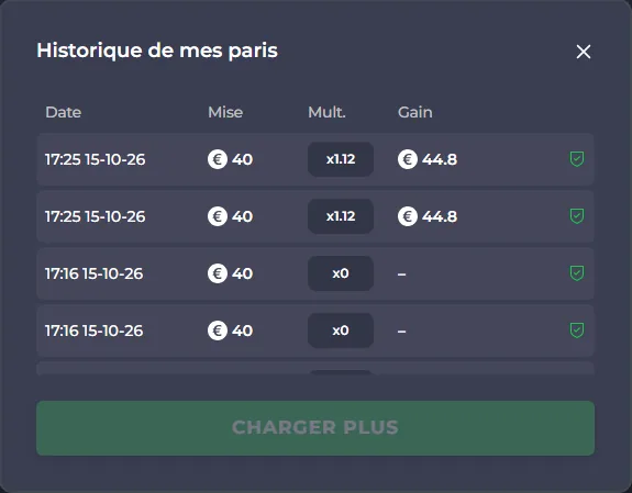 Chicken Road jeu responsable : fenêtre Historique de mes paris avec date, mise, multiplicateur et gain