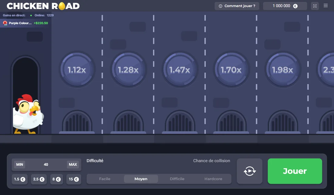Chicken Road dans la démo officielle d'InOut Games, niveau Moyen, avant la première ligne