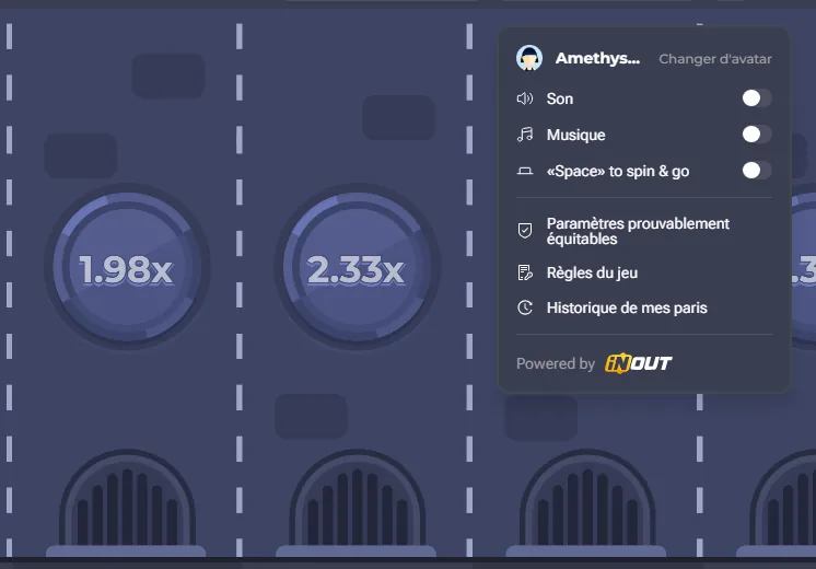 Menu de Chicken Road avec Paramètres prouvablement équitables, Règles du jeu, Historique de mes paris et mention Powered by InOut