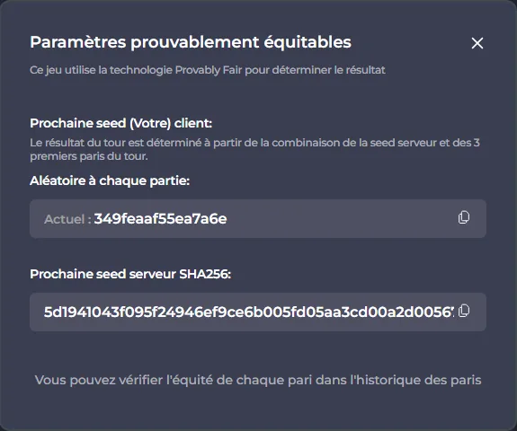 Chicken Road arnaque ou pas : fenêtre Paramètres prouvablement équitables avec seed client et seed serveur SHA256