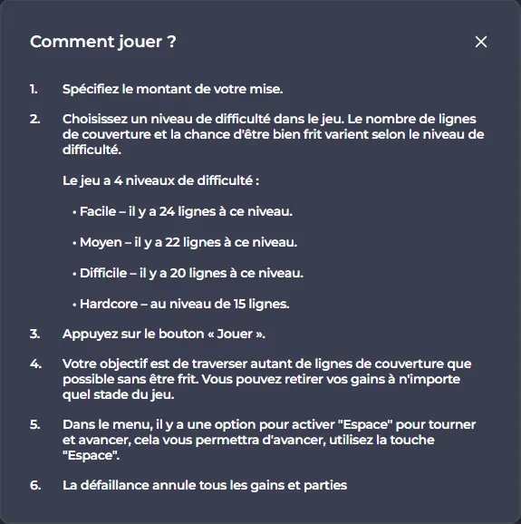 Fenêtre Comment jouer de Chicken Road listant les 4 niveaux de difficulté et le cash out à tout moment
